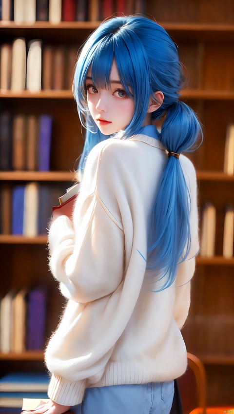 1girl, portrait, standing, swept bangs, long hair, twintails, blue hair, sweater, fluffy, indoors, bookshelf, book, scroll, blurry background, shaftheadtilt, (head tilt), looking back