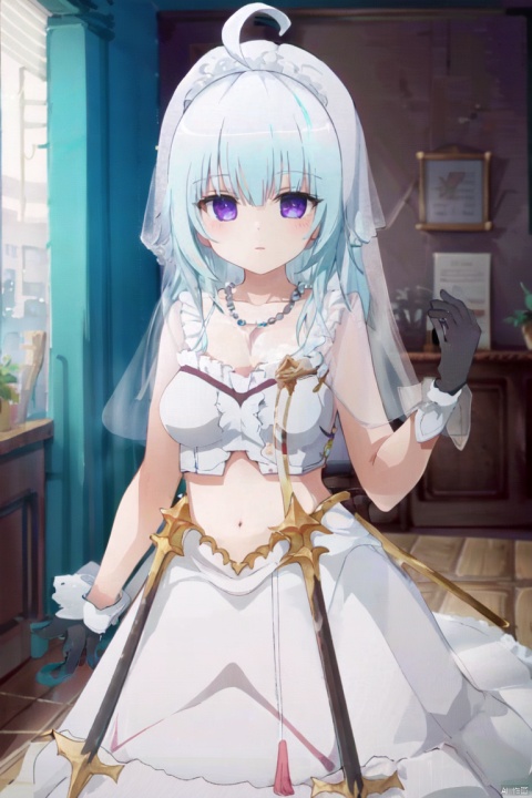  1girl, dress, wedding dress, solo, long hair, breasts, veil, white dress, blue hair, gloves, looking at viewer, purple eyes, elbow gloves, bridal veil, covered navel, white gloves, jewelry, ahoge, necklace, arm up, blush, armpits, cleavage, bangs, bride, bare shoulders, large breasts, parted lips, medium breasts,a drawing of a woman with a big sword in her hand, holding it up and ready to fight, 1girl, solo, weapon, sword, more_details:1.5, more_details:-1, more_details:0, more_details:0.5, more_details:1, more_details:1.5