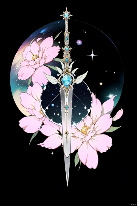 Sword, galaxy colours, flowers, glassy, holy, celestial
