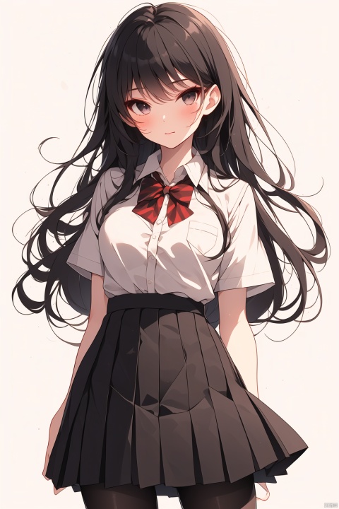 cute, komi_shouko, black eyes, black hair, long hair, school uniform, red bowtie, white shirt, collared shirt, short sleeves, striped, pleated skirt, red skirt, black pantyhose