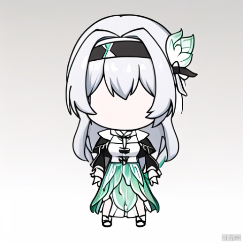  under-covers,blanket,1girl, solo, chibi, liuying, 1girl, black jacket, white shirt, green skirt, silver hair, white hair