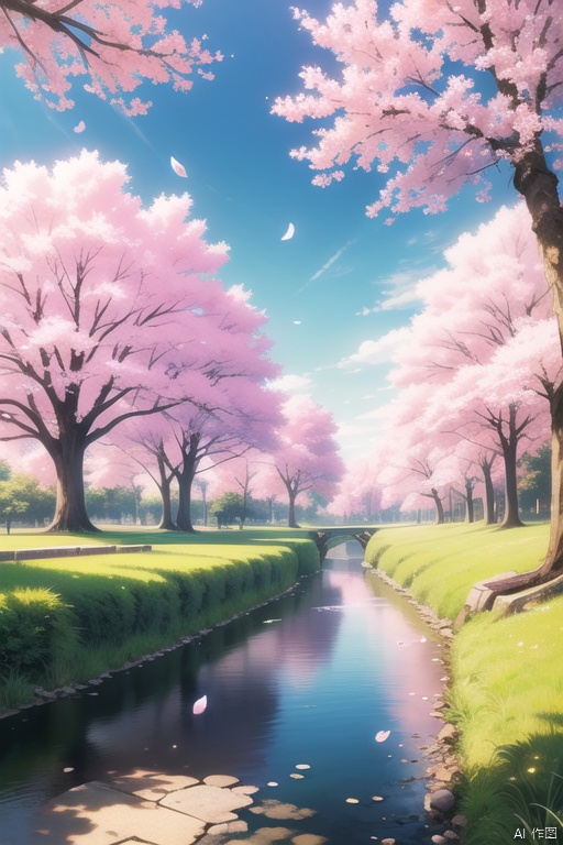 original,(illustration:1.1),(best quality),(masterpiece:1.1),(extremely detailed CG unity 8k wallpaper),(colorful:1.2),sakura tree,sakura petals,landscape,river,road