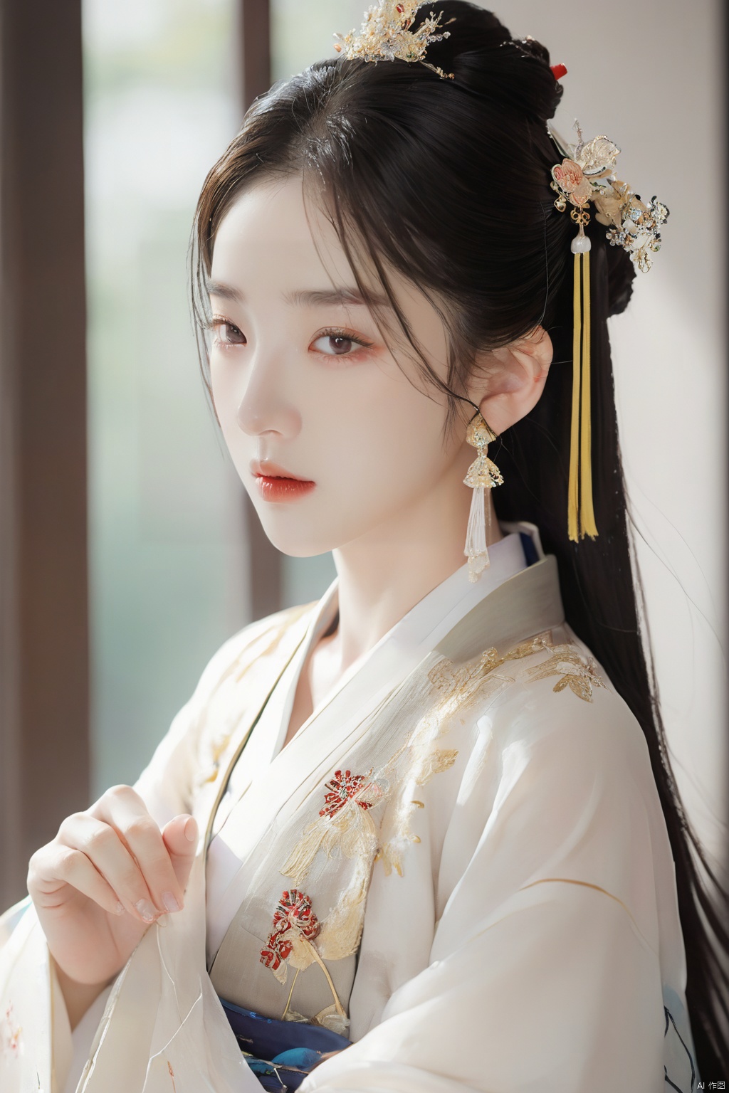  1.3, Masterpiece, Highest Quality, High Resolution, Details: 1.2, 1 Girl, Bun, Hairpin, Beautiful Face, Delicate Eyes, Tassel Earrings, Necklaces, Bracelets, Hanfu, Su Embroidered Hanfu, Streamers, Ribbons, Elegant Stand Posture, Aesthetics, Movie Lighting, Ray Tracing, Depth of Field, Layering,Fluttering, Hanfu, qingsha
Negative Prompt：ugly, tiling, poorly drawn hands, poorly drawn feet, poorly drawn face, out of frame, extra limbs, disfigured, deformed, body out of frame, bad anatomy, watermark, signature, cut off, low contrast, underexposed, overexposed, bad art, beginner, *******, distorted face