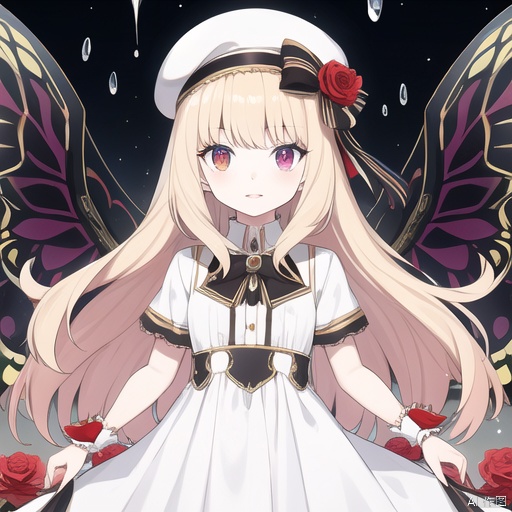  wings,masterpiece, best quality, 1girl, solo, long hair, looking at viewer, bangs, blonde hair, red eyes, hat, dress, bow, holding, very long hair, flower, short sleeves, multicolored hair, parted lips, water, white dress, wrist cuffs, black bow, rose, heterochromia, white headwear, bug, red flower, butterfly, red rose