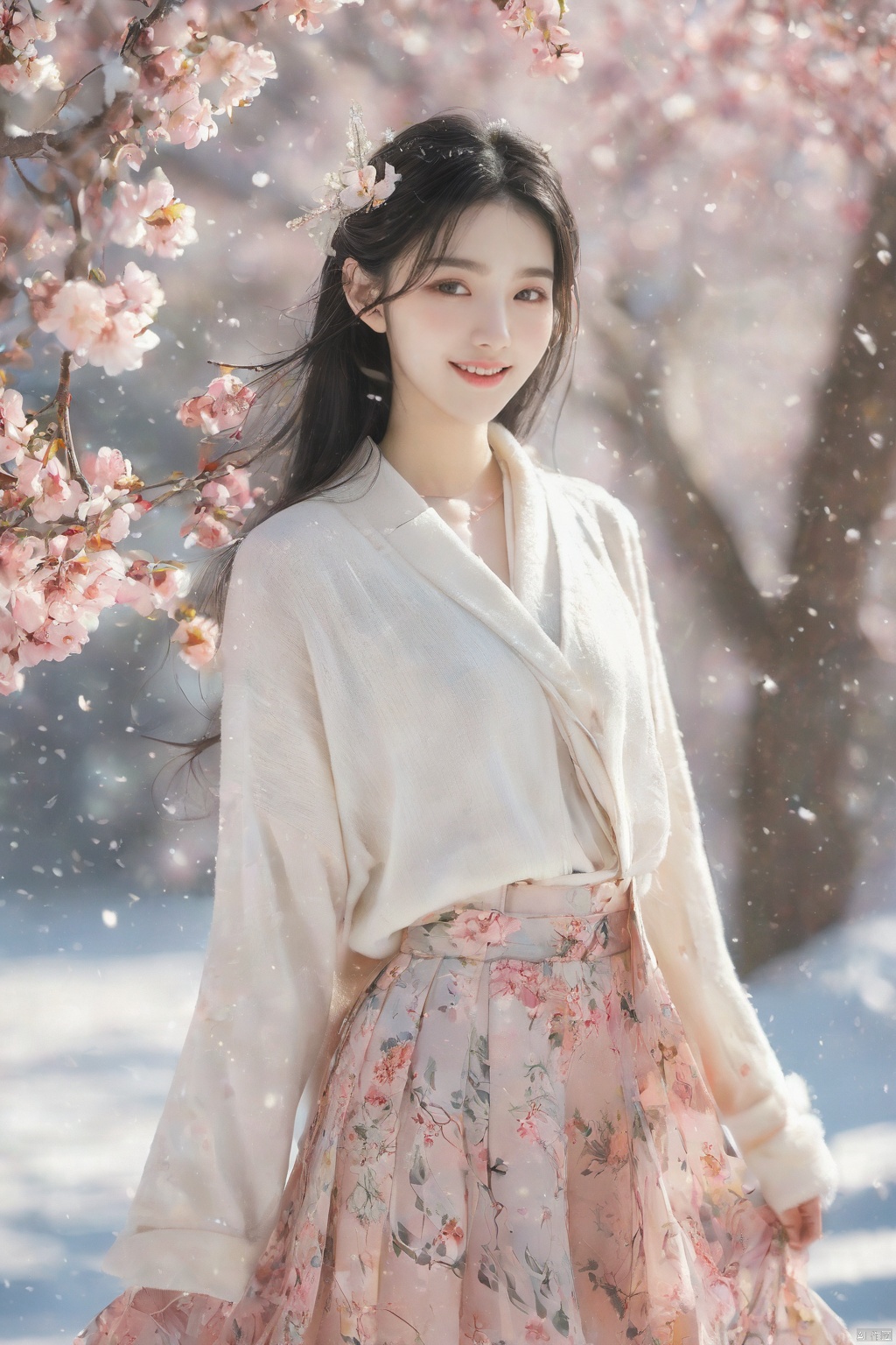  1 girl,Transparent skirt,pink face,stockings,(snow:1.2),(snowing:1.2),peach blossom,snow,solo,scarf,black hair,smile,long hair,bokeh,realistic,long coat,blurry, captivating gaze, embellished clothing, natural light, shallow depth of field, romantic setting, dreamy pastel color palette, whimsical details, captured on film,. (Original Photo, Best Quality), (Realistic, Photorealistic: 1.3), Clean, Masterpiece, Fine Detail, Masterpiece, Ultra Detailed, High Resolution, (Best Illustration), (Best Shadows), Complex, Bright light, modern clothing, (pastoral: 1.3), smiling,standing,(very very short skirt:1.5),knee socks,(white shoes: 1.4),long legs, forest, grassland,(view: 1.3), 21yo girl, striped, wangyushan, capricornus, 1girl, light master