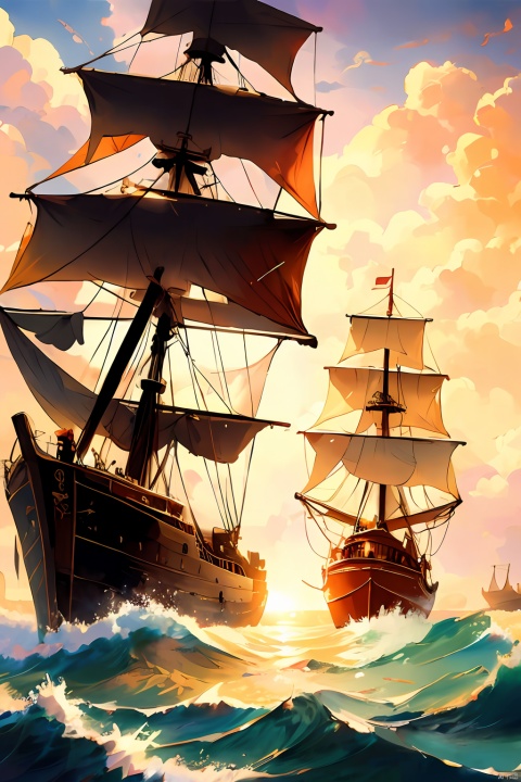 High-quality pirate ship,seascape,sunset,soft and warm colors,focal length on the ship,smoke,sails,fear in the eyes of the heroes,golden light,retro-futuristic filter