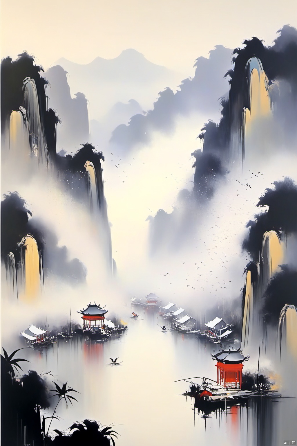  Wu Guanzhong paints a picture, the painting depicts a crane, dancing in the bamboo thickets, full compliance with the style of Wu Guanzhong, combining traditional Chinese ink painting techniques with Western painting concepts, unique visual effects using color and lines, (best quality, perfect masterpiece, byyue, Representative work, official art, Professional, high details, Ultra intricate detailed:1.3)