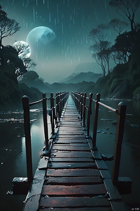 Movie poster,simple colors,cool tones,dark night,broken bridge,gloomy,suspenseful,style ethereal abstraction,illustration:,epic composition,HD details,masterpiece,best quality,(very detailed CG unified 8k wallpaper)
