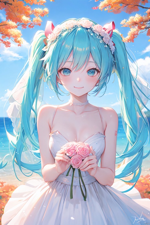 evening sky, afternoon, aesthetic, beautiful, warm, fall from the sky, blush, glowing, wind, potrait, ((white wedding dress)), looking at view, seduce smile, smug face, beautiful scenery, mikudef, mikurnd, mikunt, shaohua, meigetsu, mikuo, mikuappend, yukimiku2023, yukimiku2022, yukimiku2021, yukimiku2020, yukimiku2019, yukimiku2018, yukimiku2017, yukimiku2014, yukimiku2011, sakuramiku, racing2022, cinnamiku, skin
Negative Prompt：nsfw, lowres, bad anatomy, bad hands, text, error, missing fingers, extra digit, fewer digits, cropped, worst quality, low quality, normal quality, jpeg artifacts, signature, watermark, username, blurry
