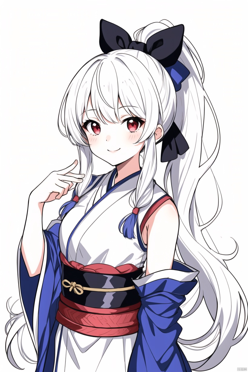 Young girl,long white hair,high ponytail,red eyes,blue sleeveless samurai kimono,smile