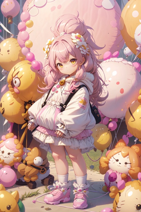  1petite loli, solo.pink hair, long pink hair, (yellow eyes),puffy sleeves,fur-trimmed jacket, hair flower, fipped hair, high ponytail, loose over_sized Casual T-shirt, white shirt, hoodie coat, bare legs, slippers;relaxed, one-eye_closed, adjusting hair, looking at viewer, standing,(balloon:1.5),hands in pockets,1girl,little 1girl with puppy
