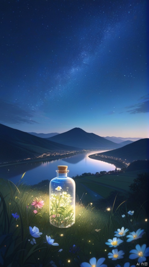 masterpiece, best quality, extremely detailed, anime, midnight, starry sky, clear weather, grasslands, (flower:1.4)(((blooming))), river, hill, ((light particles)), superb view, lora:more_details:0.5, World in a bottle, glowify