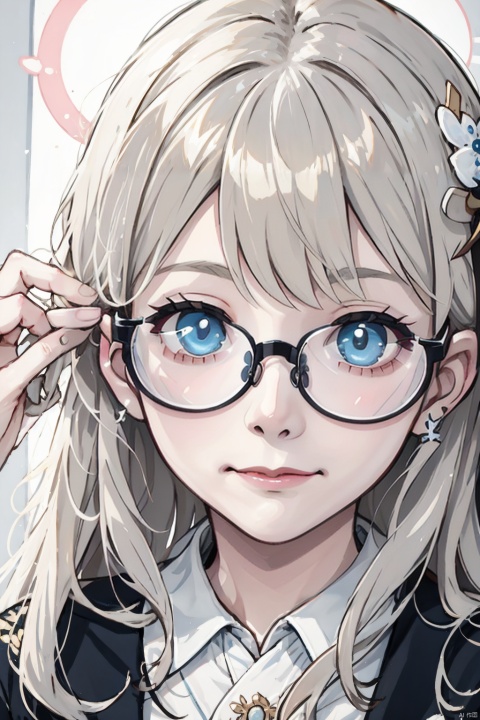strange face, close-up of the face, details, CHIHIRO(BLUE ARCHIVE), HAIRPIN, GLASSES