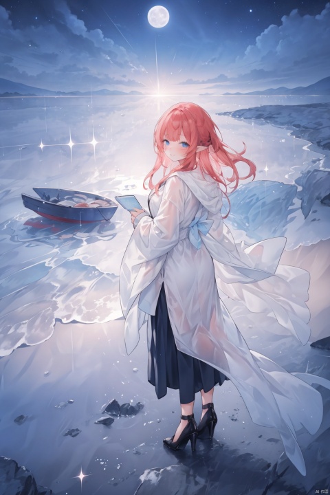  TT,1girl,A little girl standing in front of the calm sea,in the background the full moon reddish color,nebula and bright stars,(Best Illumination),Best Shadow,a calm and tranquil setting,wide view,(as if it had just rained,high image quality),8K