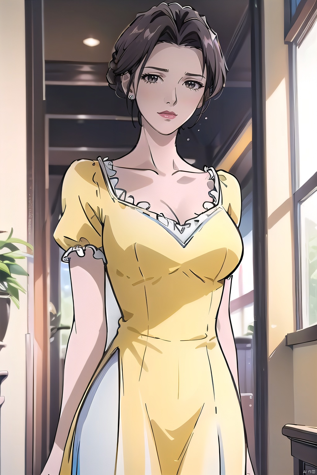  yuanshen, 1girl, solo, dress, yellow dress, black hair, breasts, short hair, short sleeves,nice hands,perfect balance, looking at viewer, closed mouth, (Light_Smile:0.3), official art, extremely detailed CG unity 8k wallpaper, perfect lighting, Colorful, Bright_Front_face_Lighting, White skin, (masterpiece:1), (best_quality:1), ultra high res, 4K, ultra-detailed, photography, 8K, HDR, highres, absurdres:1.2, Kodak portra 400, film grain, blurry background, bokeh:1.2, lens flare, (vibrant_color:1.2), professional photograph, (narrow_waist),