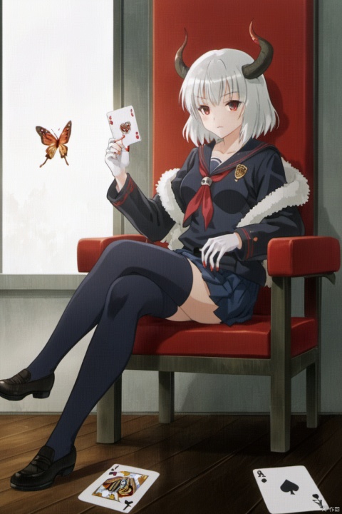  1girl, card, horns, sitting, red eyes, thighhighs, playing card, school uniform, serafuku, skull, chair, neckerchief, holding card, white hair, bug, looking at viewer, butterfly, sailor collar, armchair, red neckerchief, bangs, shoes, black serafuku, short hair, fur trim, holding, shirt, skirt, 1boy, white gloves, skeleton, red hair, red nails, gloves, crossed legs, long sleeves, jacket