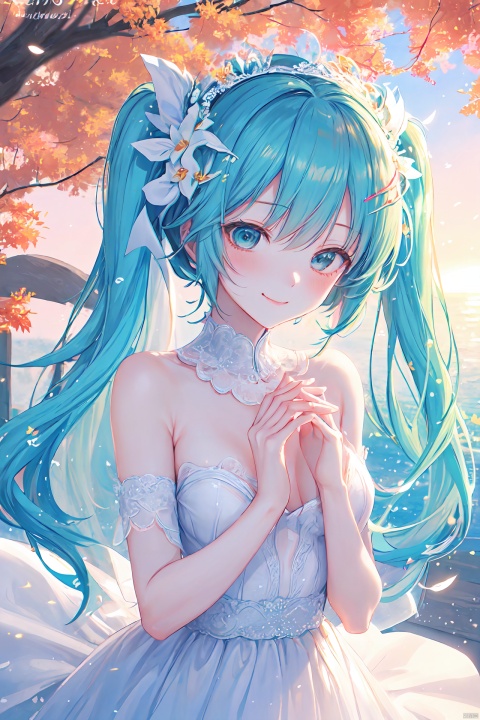 evening sky, afternoon, aesthetic, beautiful, warm, fall from the sky, blush, glowing, wind, potrait, ((white wedding dress)), looking at view, seduce smile, smug face, beautiful scenery, mikudef, mikurnd, mikunt, shaohua, meigetsu, mikuo, mikuappend, yukimiku2023, yukimiku2022, yukimiku2021, yukimiku2020, yukimiku2019, yukimiku2018, yukimiku2017, yukimiku2014, yukimiku2011, sakuramiku, racing2022, cinnamiku, skin
Negative Prompt：nsfw, lowres, bad anatomy, bad hands, text, error, missing fingers, extra digit, fewer digits, cropped, worst quality, low quality, normal quality, jpeg artifacts, signature, watermark, username, blurry