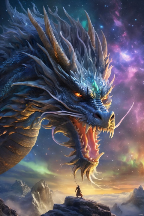  Dragon, (majestic creature:1.3), (dragon's regal presence:1.3), (captivating gaze:1.3), (dragon's wise eyes:1.3), (intricate details:1.3), (dragon's powerful demeanor:1.3), (stunning realism:1.2), (dragon's noble features:1.3), (impressive scale:1.3), (dragon's mythical allure:1.4), (portrait's lifelike rendering:1.3), (dragon's ancient wisdom:1.3), (masterful strokes:1.2), (dragon's mystical charm:1.3), (portrait's evocative aura:1.3), (fine artistry:1.2), (dragon's awe-inspiring beauty:1.3)., masterpiece, high quality, 8K, realistic，starry sky, night, distant theme park, more_details:-1, more_details:0, more_details:0.5, more_details:1, more_details:1.5