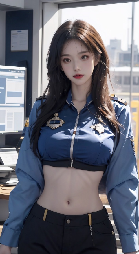 Police uniform, police officer clothes, details police clothes, indoor, police station, police station, underboob, shirt, , Esdeath