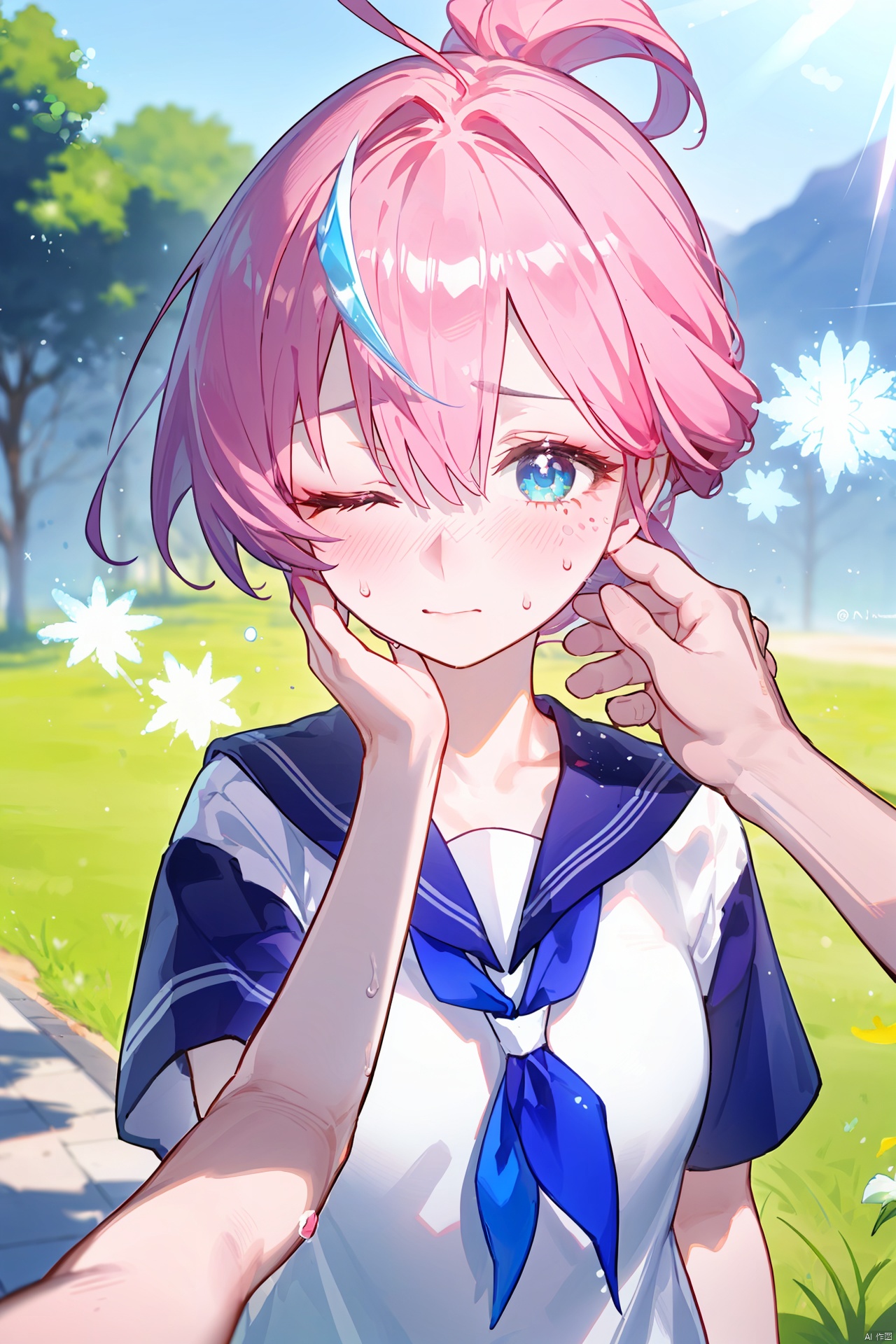 masterpiece, best quality, ultra-detailed, beautiful, nai3, 1girl, solo focus, pov, headpat, cute, kawaii, pink hair, low ponytail, hair over one eye, ahoge, ((shiny hair)), blue eyes, ((shiny eyes)), (detailed eyes), shy, nervous, embarrassed, sweatdrop, full-face blush, one eye closed, serafuku, blue neckerchief, short sleeves, outdoors, scenery, sunlight, light particles