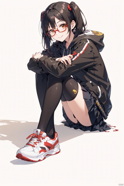  1girl, black_hair, brown_eyes, glasses, hood, hoodie, katana, long_hair, red-framed_eyewear, semi-rimless_eyewear, sheathed, shoes, simple_background, sitting, skirt, smile, sneakers, solo, sword, thighhighs, twintails, mtianmei