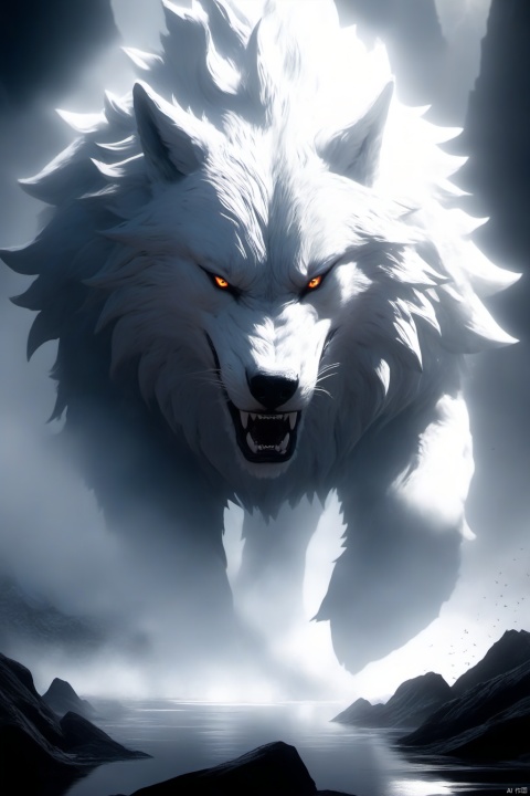  Lone Wolf, look and roar, mountain and water, epic shock scene, cinematic light and shadow contrast, visual art, super beautiful, mythology and legend style