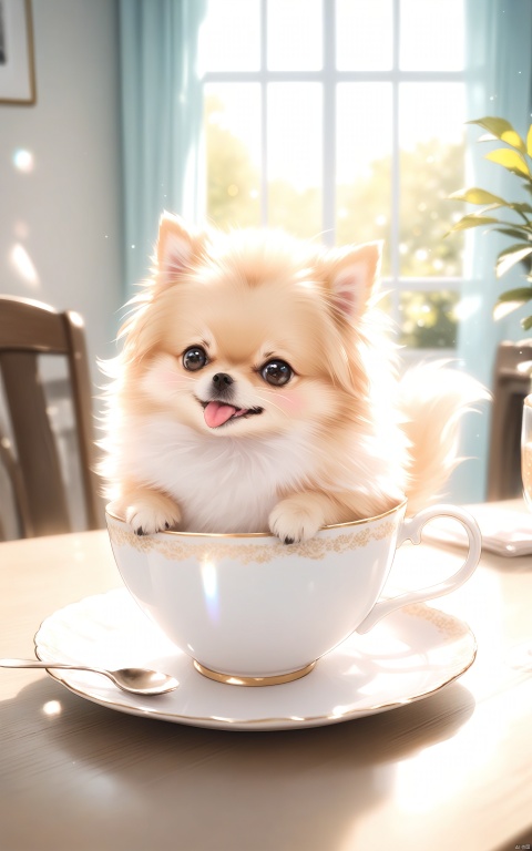 Pomeranian,(Small:1.4),in a teacup,Face out,Tongue out,Front paws out,8k,Professional photo,delicate,clear,on the table,in the house,sunshine,light leak,masterpiece,(Pretty:1.3),Fashionable Teacup,(Reality)