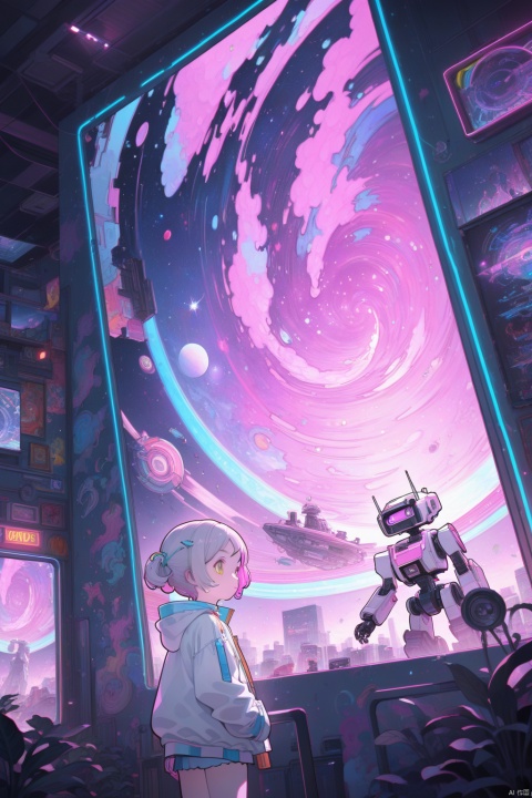 A young girl in a futuristic utopia painting a colorful mural of robots and space travel on a white wall with vibrant colors and sharp edges, by audrey kawasaki and james jean, neon lights in the background, cinematic lighting and angles, hyper detailed, digital art, trending in Artstation, and Unreal Engine.