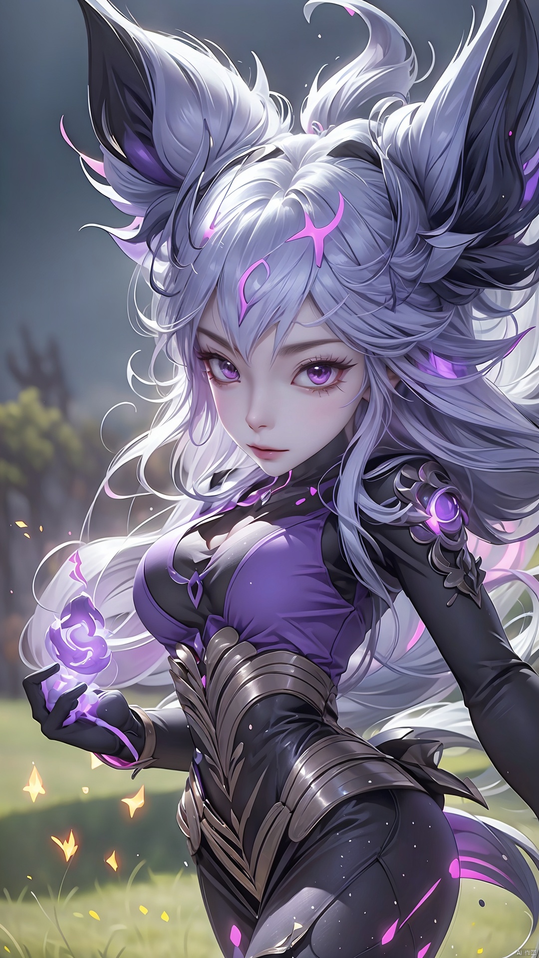 a mystical creature, pokemon (creature), cute, solo, no humans, purple, sparks, flashing thunders, blurry, outdoors, glowingrunesai, glowingrunesai, add_detail:1, add_detail:0, add_detail:0.5