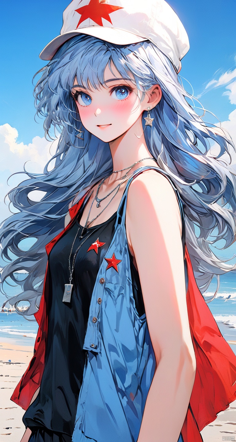  (ultra detailed, High quality ,best quality, High precision, Fine luster, UHD, 16k), Starry sky, tears, debris, flying, a girl, white hair, long hair, blue-eyed girl, waving a red flag, a Soviet poster several meters, horror, dreams, (light-blue hair:1.2),(Zaffre eyes color:1.1),long hair,straight hair,(black **** top:1.2),realistic lighting,beautiful lighting,raytracing,photorealistic,(hyperrealistic:1.2),cheerful,smile,(white hat:1.2),silver necklace,high heels,(on the beach:1.2)panorama,shenshou,ussrart, tqj-hd，(light-blue hair:1.2),(Zaffre eyes color:1.1),long hair,straight hair,(black **** top:1.2),realistic lighting,beautiful lighting,raytracing,photorealistic,(hyperrealistic:1.2),cheerful,smile,(white hat:1.2),silver necklace,high heels,(on the beach:1.2)