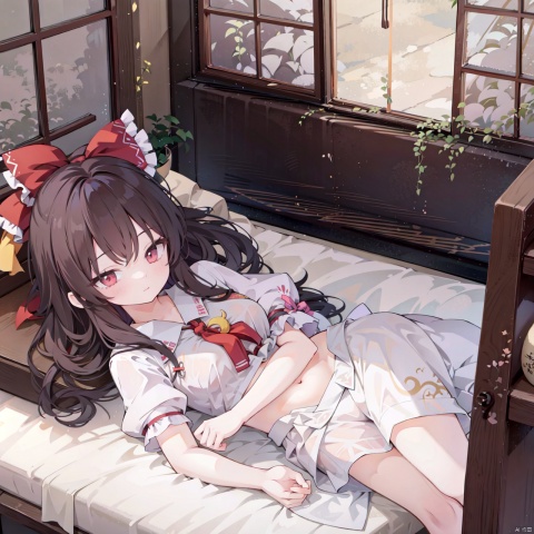 Marisa Kirisame (touhou) and Reimu Hakurei (touhou) sleeping next to each other in bed midsummer, in a Japanese shrine, 2 girls