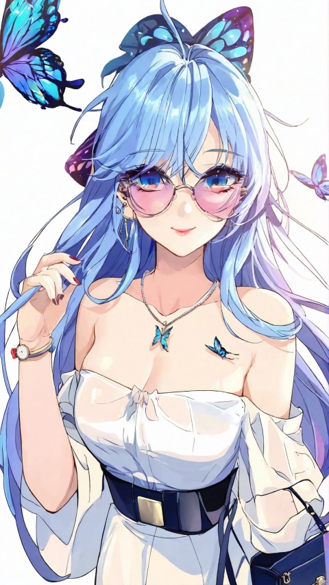  1girl, solo, long hair, breasts, bangs, blue eyes, shirt, jewelry, blue hair, white shirt, ponytail, glasses, necklace, off shoulder, bag, piercing, sunglasses, bug, butterfly, watch, handbag, shoulder bag, off-shoulder shirt, adjusting eyewear, wristwatch, tinted eyewear, blue butterfly，masterpiece, best quality, 1 mature woman, Elysia, herrscher of human: ego, pink hair, (extra long hair), light leaks, lens blur, sunglasses on head, white strapless minimal swimsuit, strapless, beach, (upper body:1.2), elegant pose, from above, looking at viewer