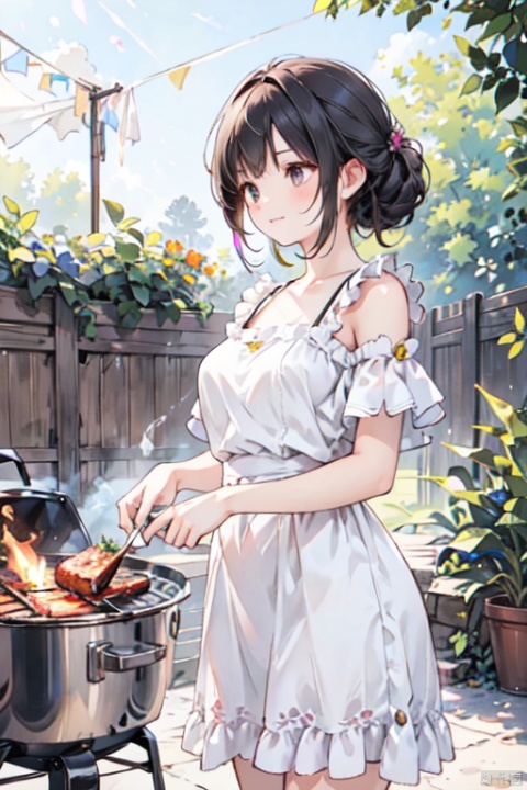 A young girl in a colorful dress cooking a barbecue in a backyard gathering, surrounded by friends and family, perfect summer day, sunny, warm, bright colors, detailed environment, vibrant colors, realistic looking, trending on artstation.