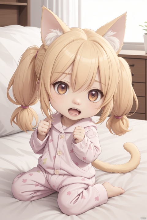 (chibi:1.3), 1girl, solo, cute, young sister, (blonde hair, low twintails hair), (jitome, fangs, open mouth, cat ears, cat tail), lying on the bed, doze, pajamas outfit