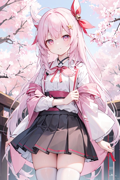  1girl, bell, branch, cherry_blossoms, flower, japanese_clothes, jingle_bell, kimono, long_hair, looking_at_viewer, pink_flower, red_ribbon, ribbon, sakazuki, single_thighhigh, solo, spring_\(season\), thighhighs, torii, tree, white_hair, white_legwear, wide_sleeves, yellow_eyes，1girl, blazer, blue_ribbon, character_name, closed_mouth, collared_shirt, cosmetics, cowboy_shot, crossed_arms, greyscale, hair_ornament, hairclip, head_tilt, highres, holding, holding_lipstick_tube, honkai_star_rail, honkai_(series), jacket, lipstick_tube, long_hair, looking_at_viewer, monochrome, nail_polish, neck_ribbon, o0oherb, open_clothes, open_jacket, pink_eyes, pleated_skirt, red_nails, ribbon, school_uniform, shirt, skirt, smile, solo, sparkle_(honkai_star_rail), spot_color, straight_hair, autoappealing, autoappealingdb, best quality, masterpiece, nai3