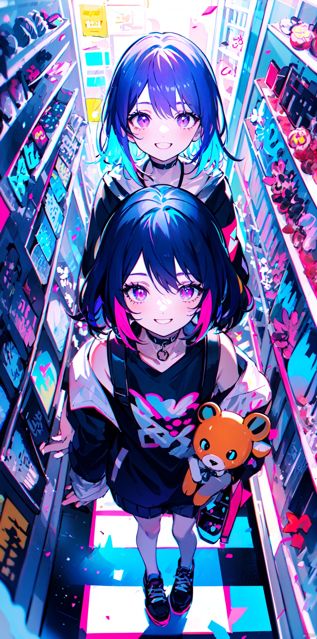  masterpiece,best quality,(colorful:1.4),from above,solo,1girl standing in a store with lots of stuffed animals on the shelves and a bag of stuff,black and blue hair color,purple eyes,smiling,depth of field,fisheye lens