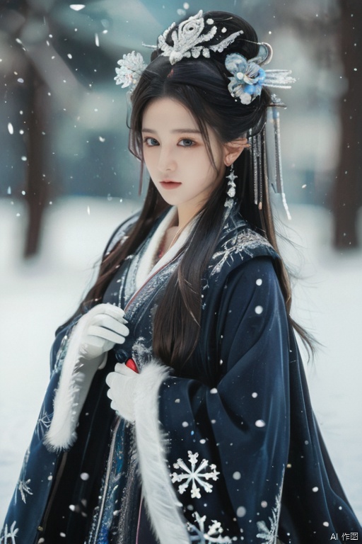  (masterpiece),(best quality),illustration,ultra detailed,hdr,Depth of field,(colorful),[pottsness],[iumu],[Sheya],transparent background, 1girl, solo, long hair, snowflakes, gloves, blue hair, hat, fur hat, black gloves, white headwear, dress, ushanka, long sleeves, ice, purple eyes, full body, coat, snow, cape, very long hair, floating hair, frills