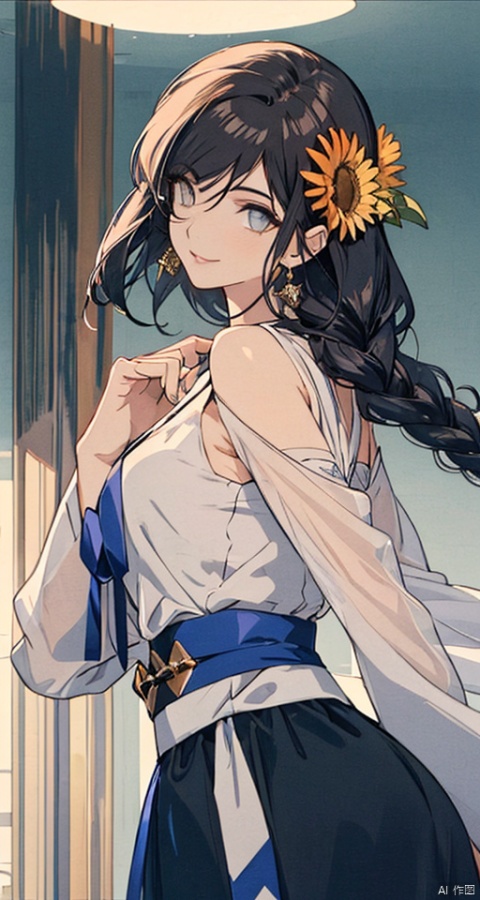  1girl, solo, brown hair, hair ornament, braid, long hair, wide sleeves, looking at viewer, brown eyes, jewelry, hair flower, long sleeves, sash, dress, mischevious smile, perfect body, scenery, sharp focus, best quality, masterpiece, detailed outfit, illustration, perfect eyes, finely detailed beautiful anime eyes, realistic skin, intricate details, best lighting, depth of field, ultra high resolution,cowboy_shot, dynamic pose, dynamic angle,