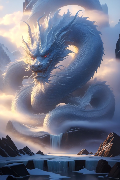  The Chinese Loong formed by ice and water has four dragon claws. The fog covers part of the dragon's body, and the dragon's body is indistinct