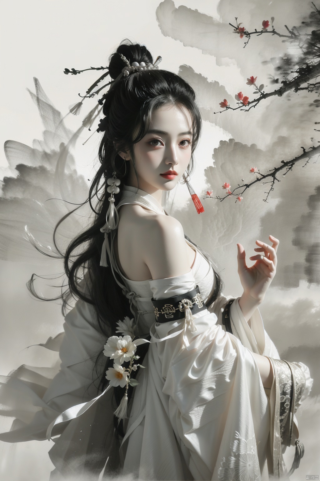  a girl,xianjing,Off-the-shoulder, white sling, bust photo,upper body,Hanfu, Cloud, Smoke,branch,flower, smile,Gaze at the audience, Ink scattering_Chinese style