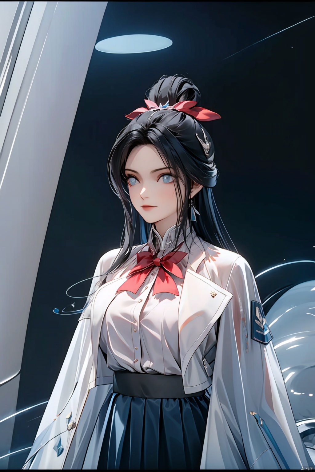  Long hair, light blue hair, pink streaks of hair, space bun hairstyle, flower hairpin, blue eyes, long-sleeve, button-up white shirt, a gray jacket with blue-green stripes, a red bow, dark blue-green pleated skirt, school background, add_detail:1, add_detail:0, add_detail:0.5