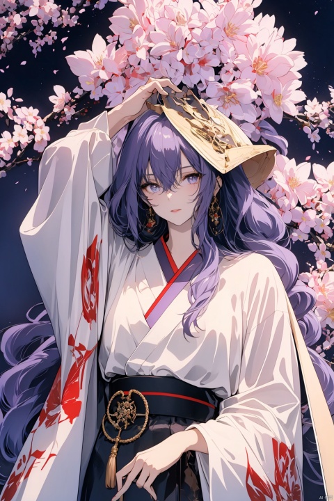  1girl, purple hair, dark purple hair, purple clip on hair, wearing Japanese clothes, Japanese clothes, purple and white Japanese clothes, holding a sword, holding a purple shiny sword, glowing purple sword, Japanese type sword, background charry blossom trees, beautiful pinkish charry blossom trees, dark purple sky, look at the view, lora:more_details:0.5, vibrant colors, masterpiece, sharp focus, best quality, depth of field, cinematic lighting, lora:more_details:0.5