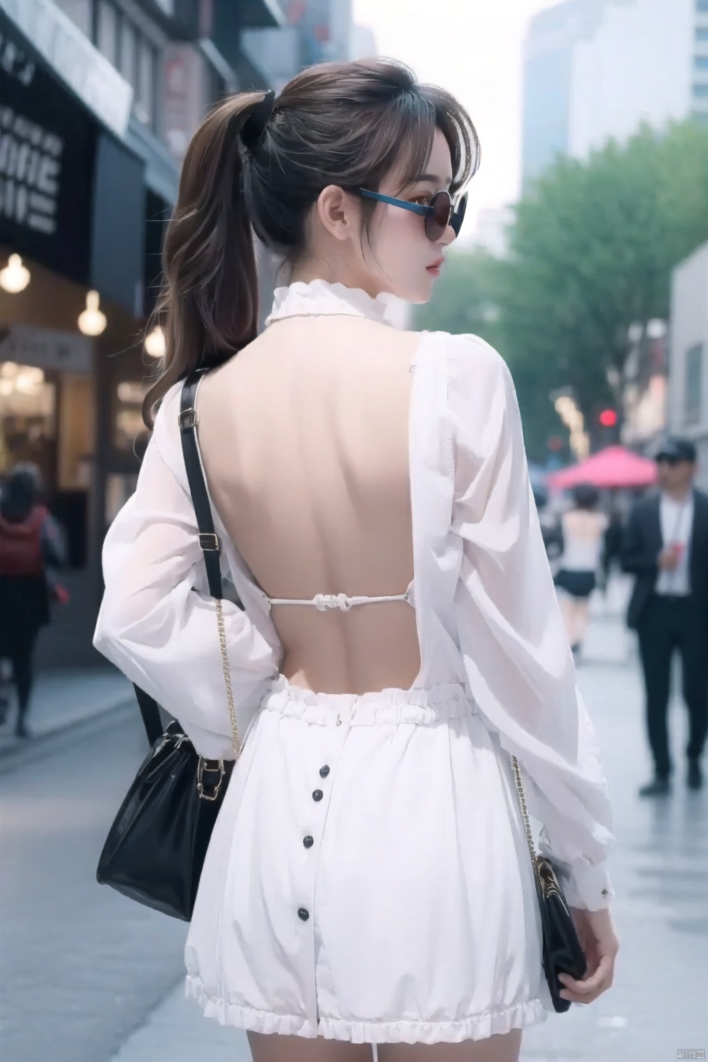 backless outfit,monocular glasses,