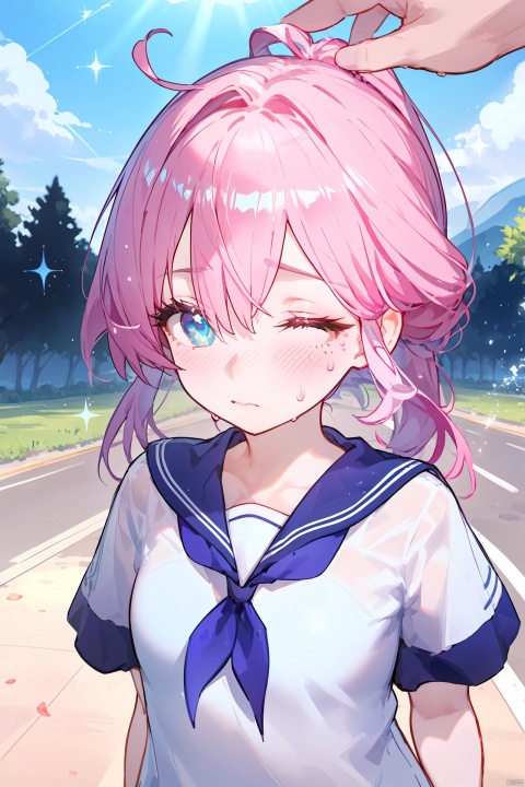 masterpiece, best quality, ultra-detailed, beautiful, nai3, 1girl, solo focus, pov, headpat, cute, kawaii, pink hair, low ponytail, hair over one eye, ahoge, ((shiny hair)), blue eyes, ((shiny eyes)), (detailed eyes), shy, nervous, embarrassed, sweatdrop, full-face blush, one eye closed, serafuku, blue neckerchief, short sleeves, outdoors, scenery, sunlight, light particles