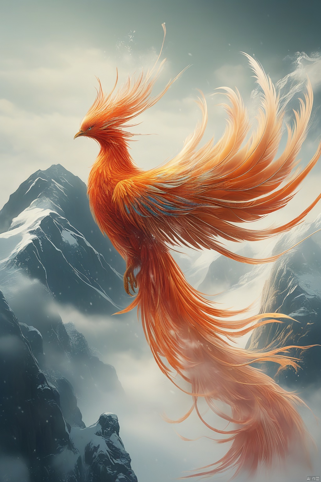  A phoenix formed by ice water, with slender tail feathers fluttering in the wind. Mist covers part of the phoenix's body, and the background is a snowy mountain