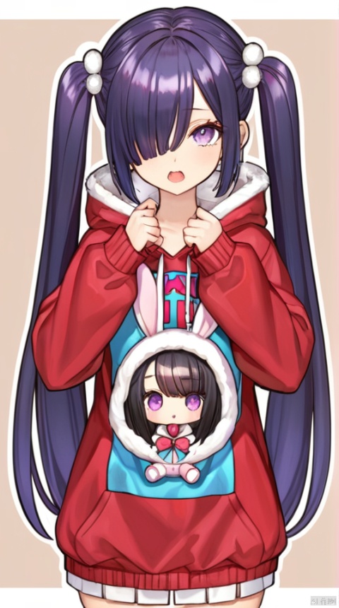  1girl, ame-chan_(needy_girl_overdose), animal_hood, animated, awayuki_(awyk_1), black_hair, bow, brown_background, character_doll, chibi, commentary_request, doll, hair_ornament, hair_over_one_eye, holding, holding_doll, hood, hood_up, hoodie, long_hair, looking_at_viewer, needy_girl_overdose, official_alternate_costume, open_mouth, outline, pill, purple_eyes, purple_hair, rabbit_hood, red_hoodie, solo, twintails, upper_body, video, white_bow, white_outline, x_hair_ornament, autoappealing, autoappealingdb, best quality, masterpiece, nai3