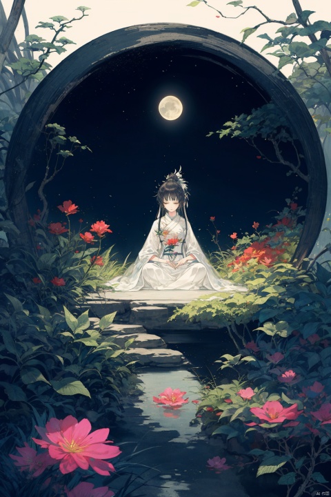 A peaceful garden, a young girl meditating, finding serenity, organic and geometric shapes, warm and cool tones, pastel colors, crystal reflections, illuminated by moonlight, detailed plants and flowers, a peaceful atmosphere, surreal and dreamy, fantasy elements, hyper realistic digital art, trending on Artstation.