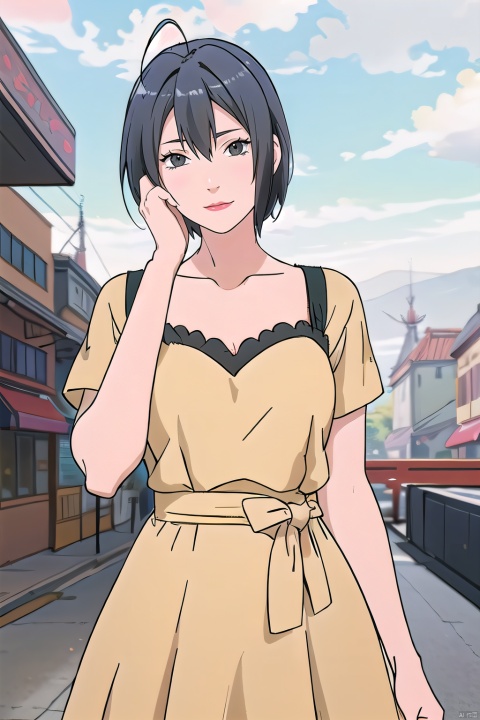  yuanshen, 1girl, solo, dress, yellow dress, black hair, breasts, short hair, short sleeves,nice hands,perfect balance, looking at viewer, closed mouth, (Light_Smile:0.3), official art, extremely detailed CG unity 8k wallpaper, perfect lighting, Colorful, Bright_Front_face_Lighting, White skin, (masterpiece:1), (best_quality:1), ultra high res, 4K, ultra-detailed, photography, 8K, HDR, highres, absurdres:1.2, Kodak portra 400, film grain, blurry background, bokeh:1.2, lens flare, (vibrant_color:1.2), professional photograph, (narrow_waist),