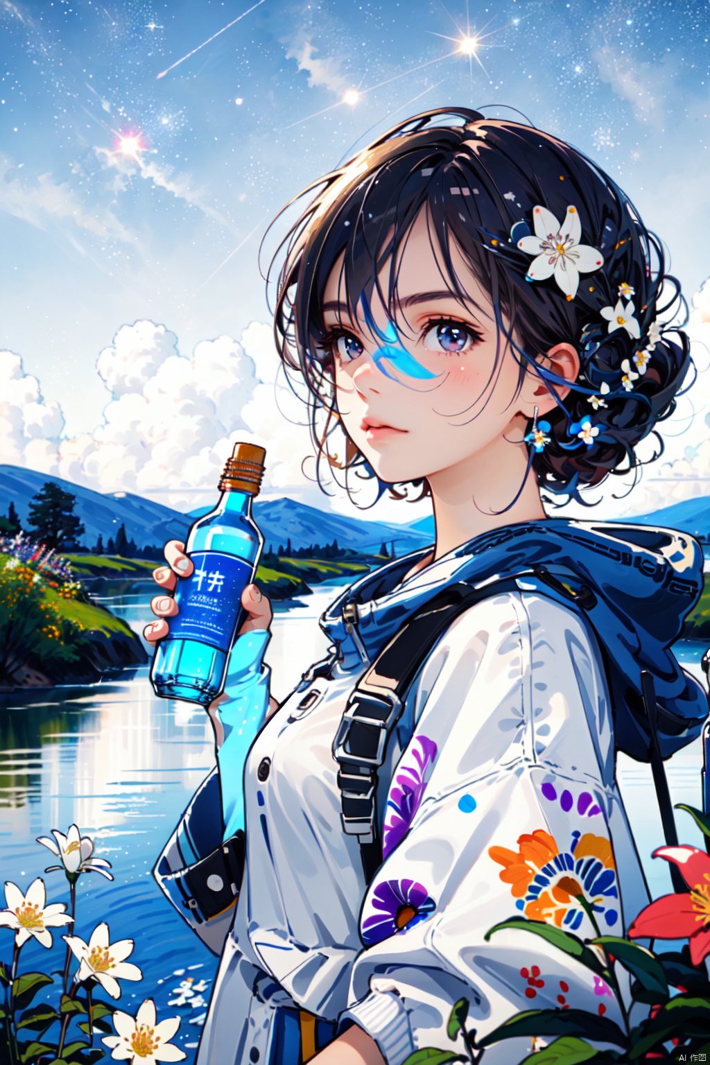 masterpiece, best quality, extremely detailed, anime, midnight, starry sky, clear weather, grasslands, (flower:1.4)(((blooming))), river, hill, ((light particles)), superb view, lora:more_details:0.5, World in a bottle, glowify