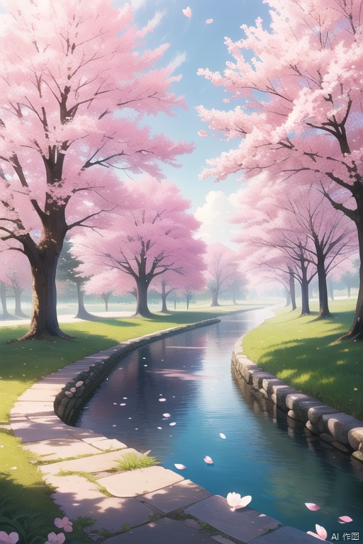 original,(illustration:1.1),(best quality),(masterpiece:1.1),(extremely detailed CG unity 8k wallpaper),(colorful:1.2),sakura tree,sakura petals,landscape,river,road